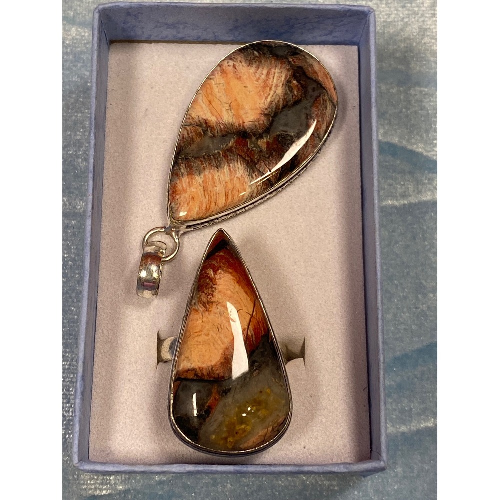 Artisan Red Jasper Natural Stone Ring and Pendant Set Silver Plated Teardrop